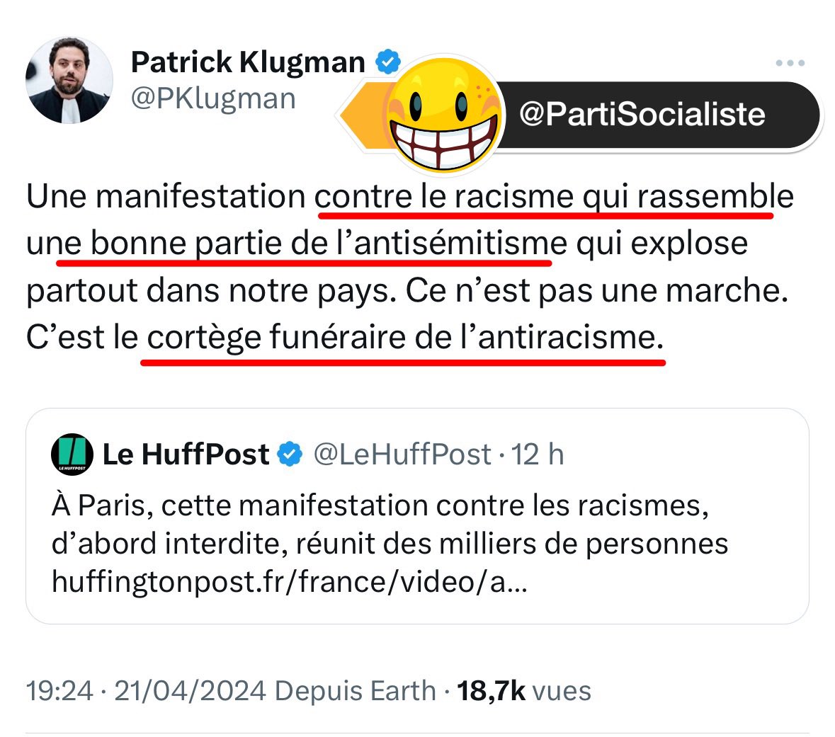 bembelly's tweet photo. ◾️De l’imbécilité  du clan #Gluksmann… 
Ici Patrick @Pklugman [du @PartiSocialiste &amp; avocat de @Anne_Hidalgo] avec son cortège de #haine contre les enfants d’immigrés. Bref, #croquemort au service de l’#extrêmedroite d’ici &amp; d’ailleurs. 
👋#Mboté les gens &amp; #PlusJamaisPS https://t.co/DR6z8To38z