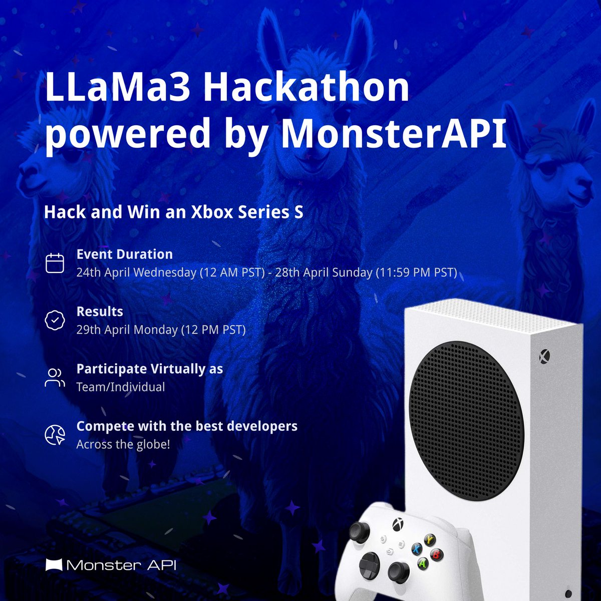 *🌟 Hello Developers! 🌟* MonsterAPI is hosting a LLaMA3 Hack that you can be a part of. Use @monsterapis state-of-the-art MonsterGPT to fine-tune LLaMA3, and show off your skills by competing against some of the best large language models in coding and logical reasoning…
