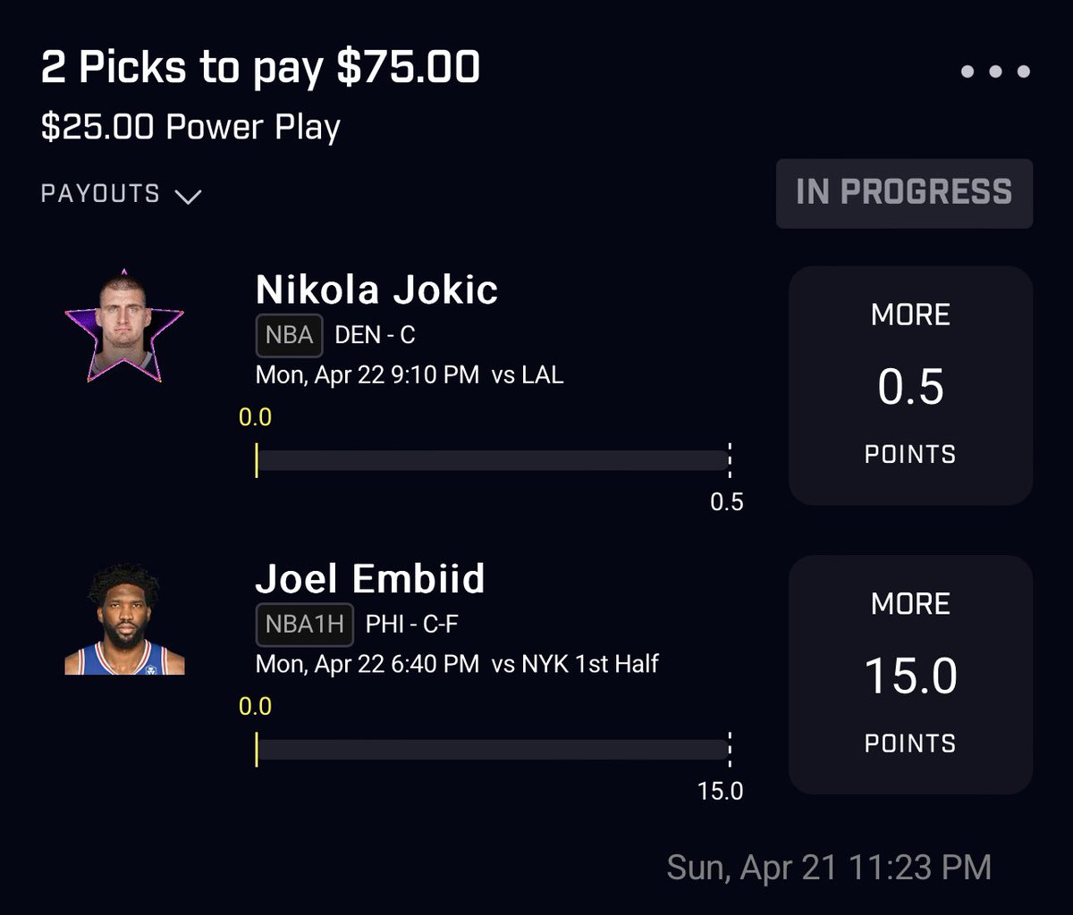 🌙🦉 my pair for the Jokic free square ☢️☢️☢️ Embiid 1H is literally the most guaranteed bet in all of the NBA. He will drop 13 1Q cashapping $25 to one person that likes this tweet when this cashes. Must like to enter good luck 🤝 #Nba #PrizePicks