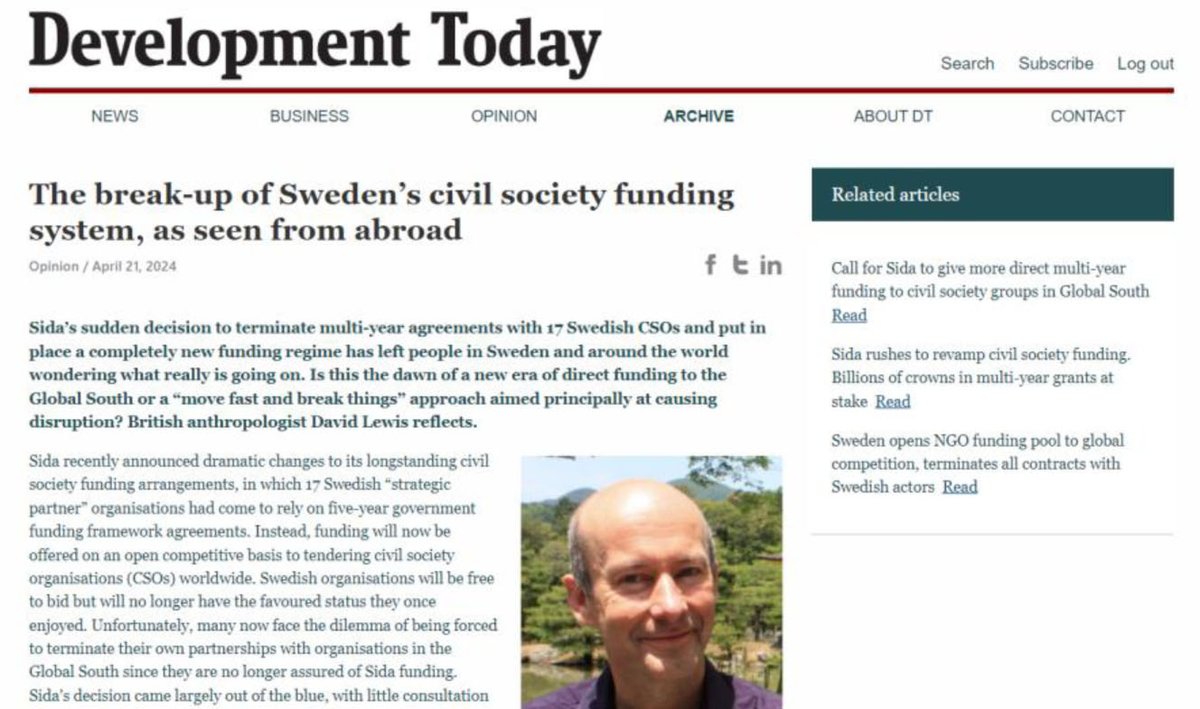 Sudden @Sida decision to terminate multi-year agts w Swedish CSOs has left many wondering what really is going on Is it a new era of direct funding to Global South or just a move to disupt civil society funding? Op-ed by UK anthropologist David Lewis development-today.com/archive/2024/d…