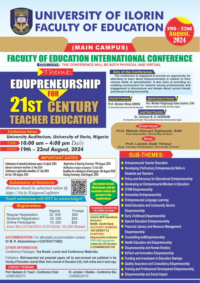Sayhi2wale's tweet photo. The full conference information at https://t.co/D4zAwuszbE.

Abstracts for oral presentation should be submitted via the conference paper submission platform at https://t.co/qaC76chr9y. 

Note that you need to first register as a user on the platform by clicking on the 'Register' https://t.co/LtHwfKbX27