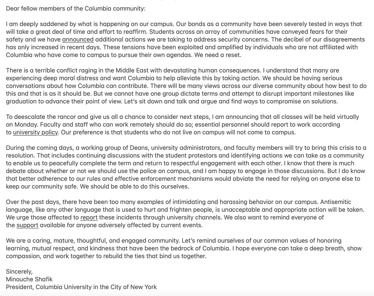 New 1:15 AM statement from Columbia President Minouche Shafik, announces all 4/22 class will be virtual: 'I am deeply saddened by what is happening on our campus…We need a reset…Let’s sit down and talk and argue and find ways to compromise on solutions.'