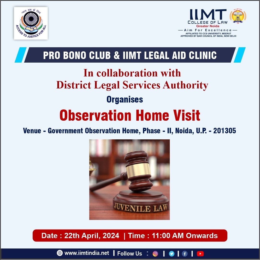 The Pro Bono Club and IIMT Legal Aid Clinic are teaming up with the District Legal Services Authority for a special event: an Observation Home Visit! 
.
Call Us: 9520886860
.
#IIMTNoida #IIMTIndia #IIMTGreaterNoida #IIMTDelhiNCR
#ProBonoClub #LegalAidClinic