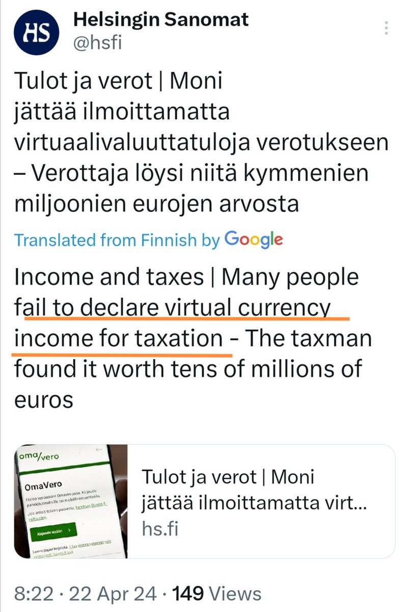 VEROHALLINTO löysi viime vuonna yhteensä 30 miljoonan euron edestä virtuaalivaluuttatuloja, jotka oli jäänyt ilmoittamatta verotukseen.
......

You can try, but at the end of the day tax man will find you...😁
hs.fi/kotimaa/art-20…