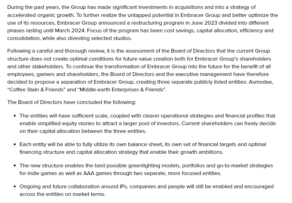 Wario64's tweet photo. Embracer is splitting into three companies: 
-Asmodee Group 
-Coffee Stain &amp; Friends 
-Middle-earth Enterprises &amp; Friend
https://t.co/WzwDJvAKzv https://t.co/Suwa9qGfqU