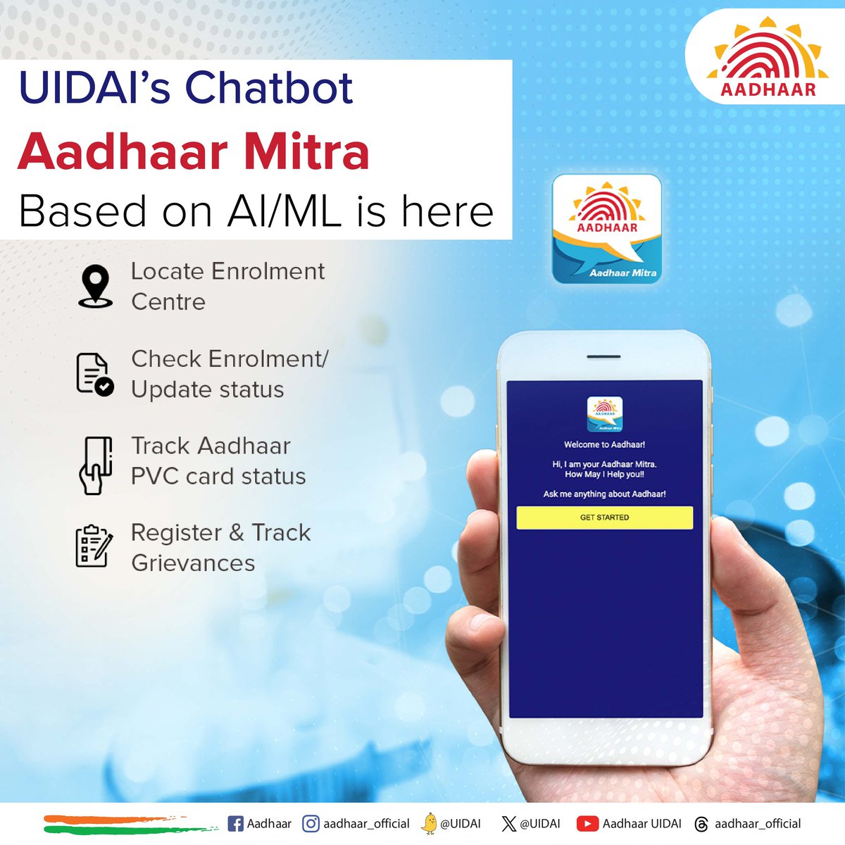#UIDAI’s AI/ML-based chat support is available for better resident interaction! Now Residents can track #Aadhaar PVC card status, register & track grievances, etc. To interact with #AadhaarMitra, visit- uidai.gov.in