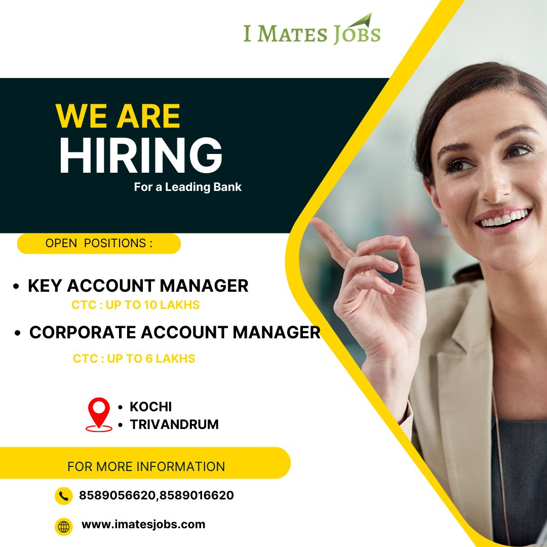 Urgent Requirement!!!

Apply Via : imatesjobs.com/job/key-accoun…
MoreInfo : 8589056620,8589016620
#banking #bankingjobs #bankingcareers #bankingsales #keyaccountmanager #corporateaccountmanager #kochijobs #trivandrumjobs