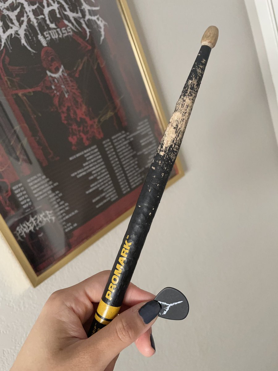 grnsulfur's tweet photo. Flew to Vegas to see the Paleface Swiss dudes open for The Ghost Inside. Caught a pick from Yannick and Cassi gave me his drumstick. Seriously the BEST dudes! 🥹🫶🏻 https://t.co/XGJyahttFb