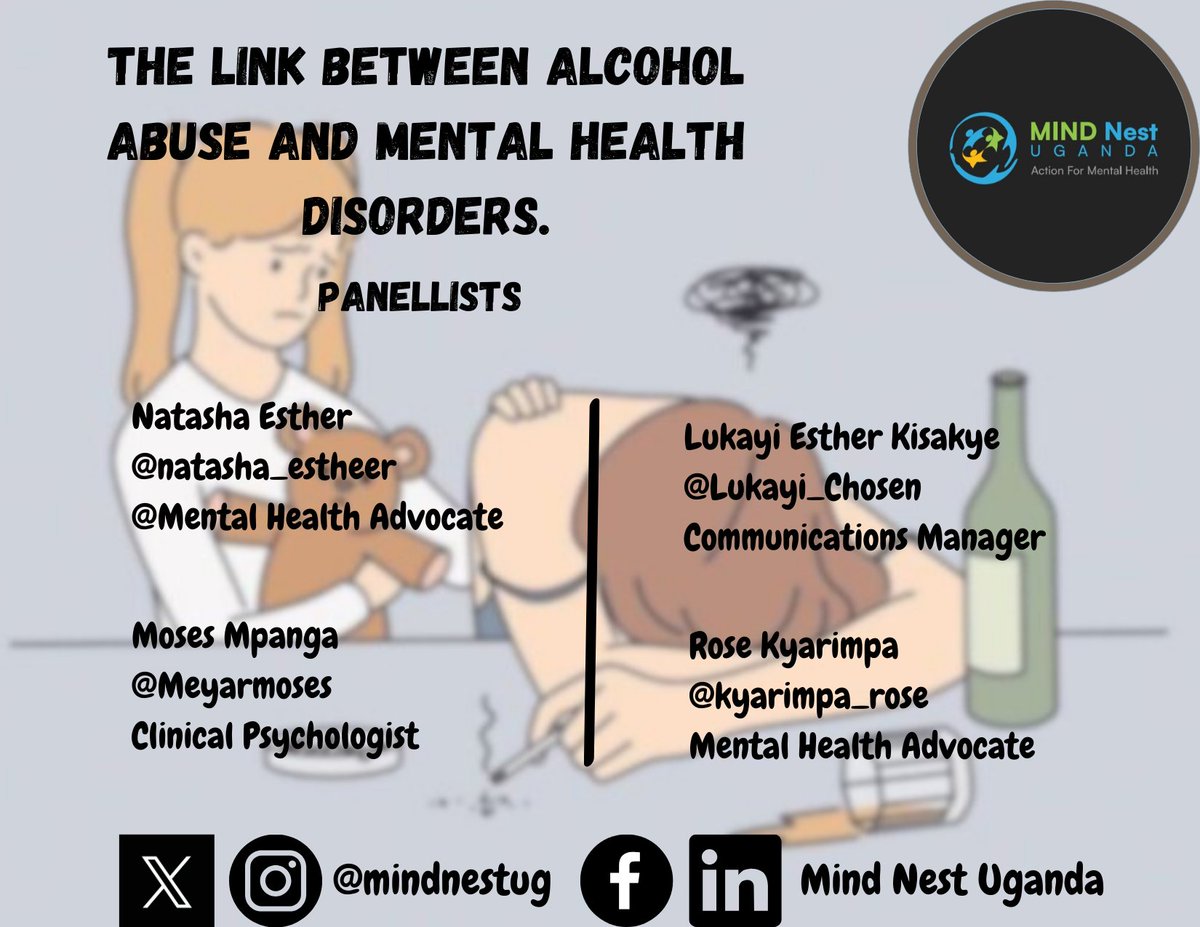 X Chat!!!! Spirits may lift, but mental health can shift, join us as we discuss the connection between alcohol abuse and mental disorders Date: Tuesday 23rd April. Time: 11am-12pm #themindnest