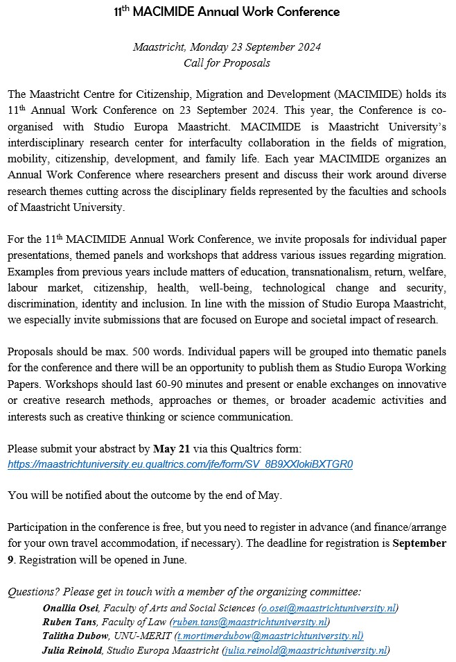 Join us at the 11th @macimide Annual Work Conference co-organised with @_StudioEuropa in Maastricht on 23 September 2024. CfP now online: macimide.maastrichtuniversity.nl/events/23-09-2… @lawinmaastricht @FasosMaastricht @ITEM_UM @ROAMaastricht @UNUMERIT @umsbe