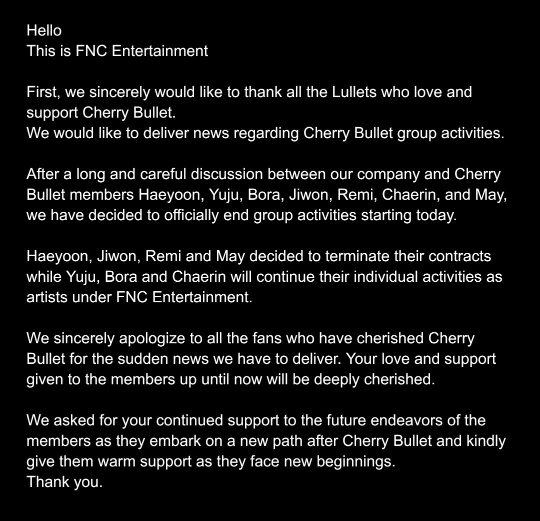 CherryBulletInt's tweet photo. [ENG] Notice regarding Cherry Bullet group activities

#CherryBullet #체리블렛 @cherrybullet https://t.co/VNfy7pygxZ