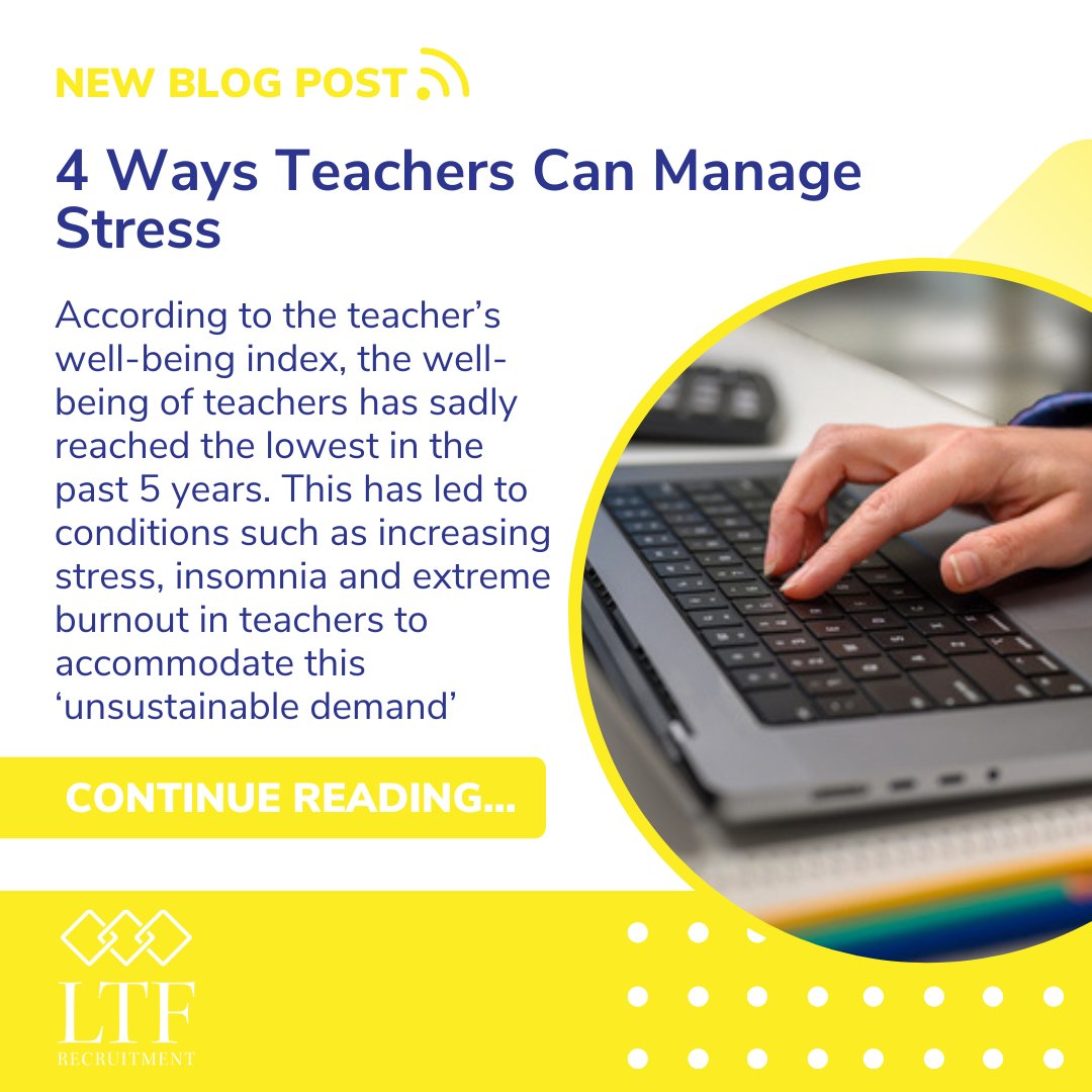 LTFRecruitment's tweet photo. 4 Ways Teachers Can Manage Stress! 

Teaching is a rewarding yet demanding profession, and self-care is essential. Dive into our latest post for practical tips on finding balance and maintaining well-being in the classroom. https://t.co/csqvamz6q0