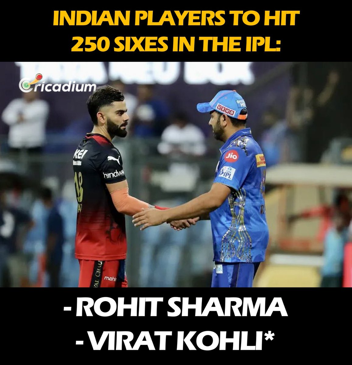 Cricadium's tweet image. Master blasters of the IPL: Rohit Sharma and Virat Kohli* join the elite club of players with 250 sixes each! 🏏💥 #IPLLegends #Cricket