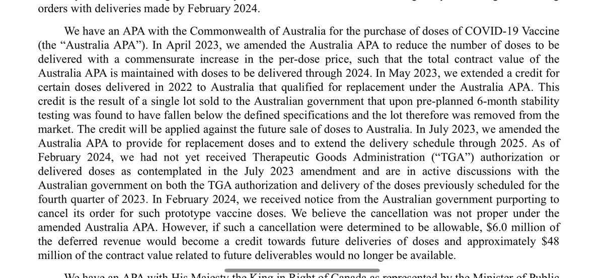 Novavax - has everyone seen this?

“As of Feb 24, we hadn’t received TGA auth or delivered doses as contemplated in July 23 & in discussions with Aus gov on TGA auth & delivery prev scheduled for 4th ¼ of 2023. In Feb 24, Aus gov cancelled its order 4 such prototype vaccine doses