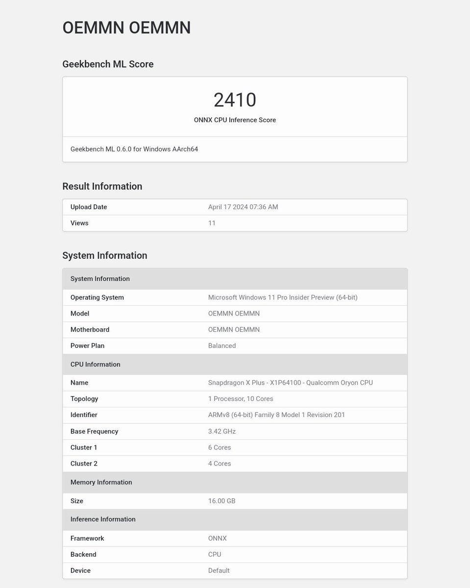 Snapdragon X Plus - X1P64100 browser.geekbench.com/ml/v0/inferenc… browser.geekbench.com/ml/v0/inferenc…