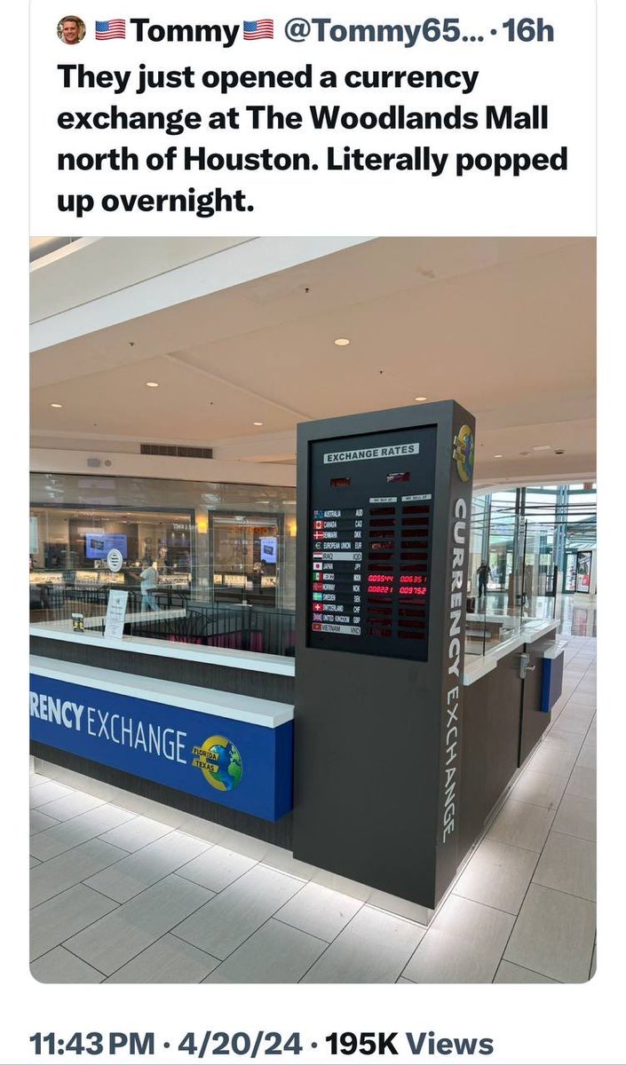 Well, we must be very close to the RV because this post is in the mall in Houston where they have set up ATMs 💭the public to go to exchange foreign currency. 🎉