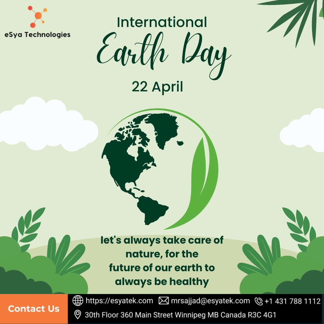 esyateck's tweet photo. 🌍 #eSyaTechnologies extends warm wishes on this #InternationalEarthDay! 🌱 As we celebrate our beautiful planet on April 22nd, let's renew our commitment to nurturing and protecting #MotherNature.
🌐https://t.co/VOZ5FesfOb

#eSyaTechSolutions #eSyaTeK #Winnipeg #Canada https://t.co/r01rkAMOeg