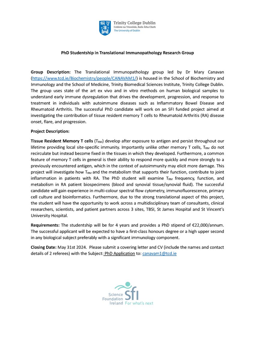 Mary_canavan's tweet image. Our lab is growing! 🥳🧑🔬👩🔬
We are looking for aspiring researchers and research coordinators interested in understanding how human autoimmune diseases develop and progress.
We have 2 exciting positions available (PhD and Research Coordinator - details below)
RTs welcomed!
