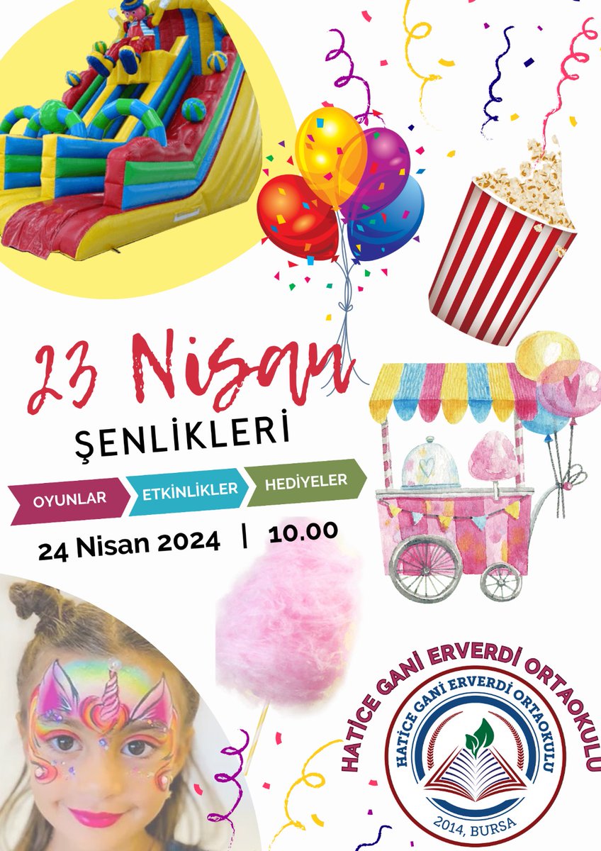 Okulumuzda Bahar Şenliği – 23 Nisan Şenliği
Pamuk Şeker  
Popcorn 
Amerikan Futbol 
Canlı Langırt 
Rodeo 
Basket 
Şut Becerisi
Lokma
Ayran
Tüm aktiviteler ve yemekler ÜCRETSİZ.
Mutlu Çocuk Mutlu AileMutlu Okul <a href="/bursailmem16/">Bursa İl Millî Eğitim Müdürlüğü</a> <a href="/niluferilcemem/">Nilüfer İlçe MEM</a>