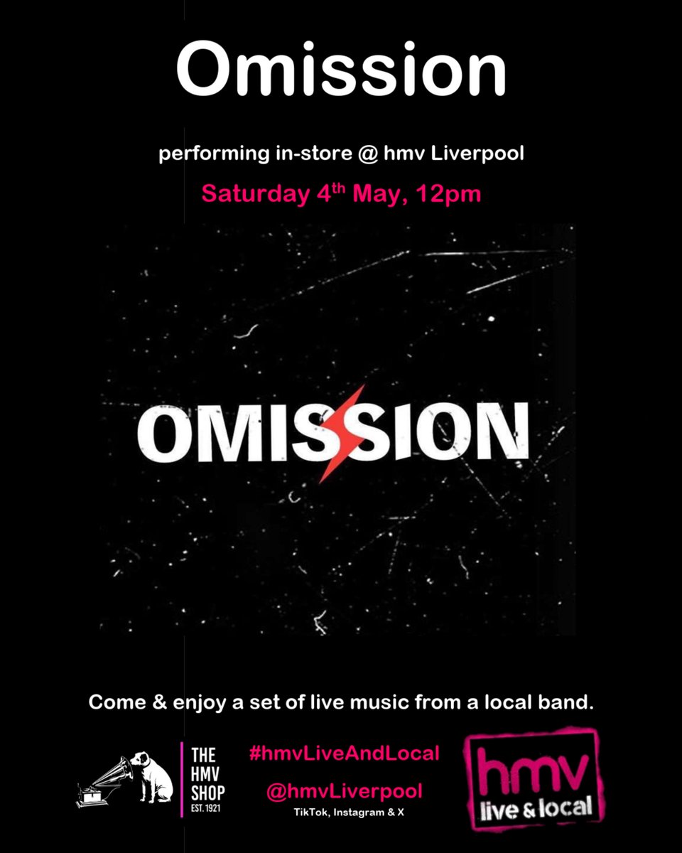 Saturday 4th May, we welcome Omission back in-store for another turn on our #hmvLiveAndLocal stage!

Watch the guys play live from 12pm for FREE & show them your support 🎶

#hmvLive
#Liverpool