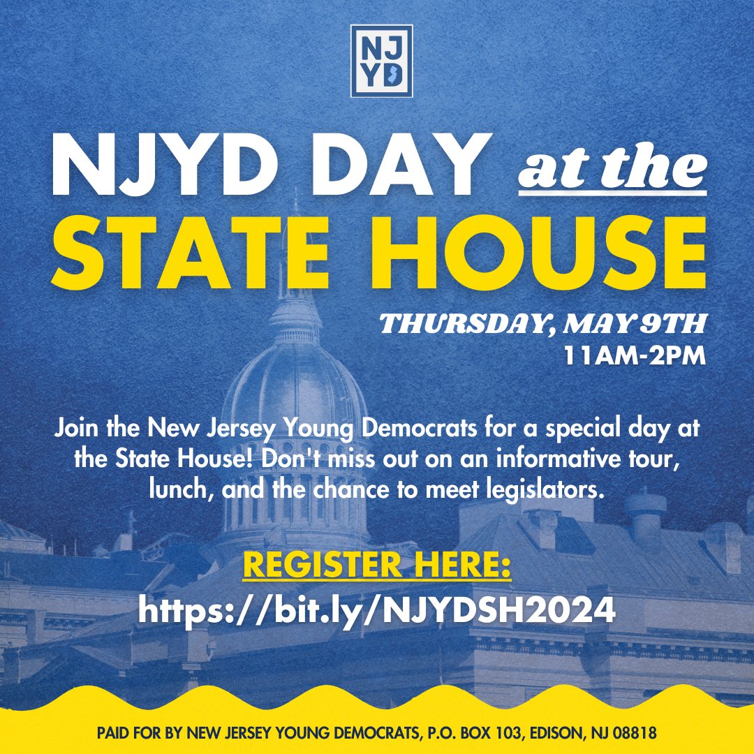 🗣️ ATTENTION NJ YOUNG DEMS & SUPPORTERS Join us for our NJYD Day at the State House, on Thursday May 9th, from 11:00 am to 2:00 pm. Don't miss out on an opportunity to tour the State House and the chance to meet New Jersey legislators! Register Here: bit.ly/NJYDSH2024