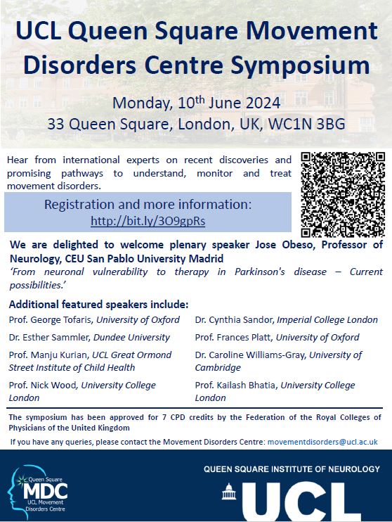 Spaces are filling up fast! Register now to attend the UCL Movement Disorders Centre symposium on 10th June 2024! All are welcome to join us to hear about the latest movement disorders research. Scan the QR code or visit bit.ly/3O9gpRs to register today!