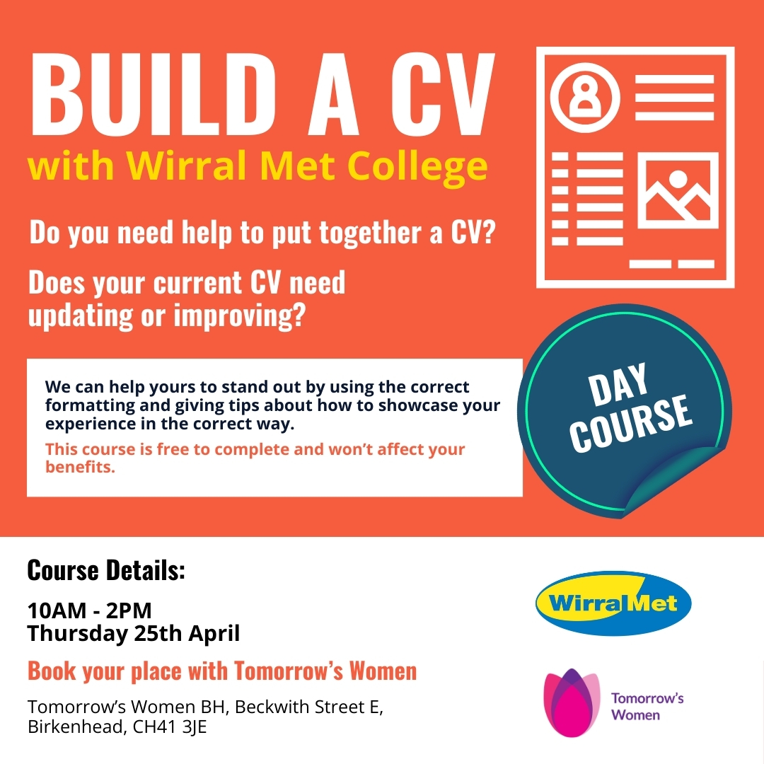 @wirralmet are coming in to #tomorrowswomenwirral to do a Build a CV one day course to give you tips and tricks to make you stand out to potential employers. 
Visit reception or call us to book 0151 647 7907 💗
#cvbuilding #tomorrowswomen #cvhelp #cvsupport