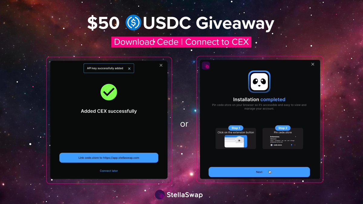 📢 $50 USDC Giveaway in the next 24 hrs! 💥

To celebrate the launch of our CEX-DEX onramp, we're going to giveaway $50 to one lucky winner that completes this:

1⃣ Follow @StellaSwap & @cedelabs
2⃣ Download cede.store 
3⃣ Attach screenshot extension download OR CEX