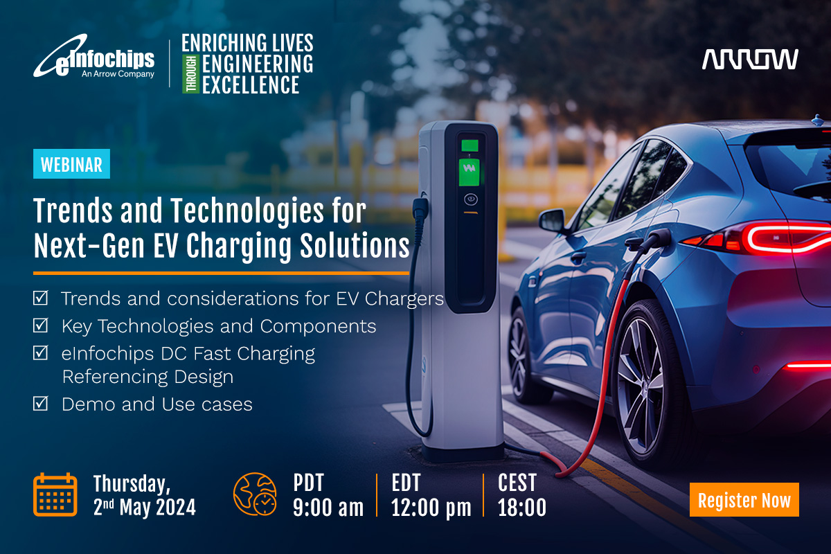 💻#EnrichingLives through valuable insights and cutting-edge innovations in the #EV industry! 🚗 🚗#eInfochips presents an informative webinar on ‘Trends and Technologies for Next-Gen EV Charging Solutions’. 📆Join us on Thursday, May 2, 2024. 🔗 hubs.li/Q02tzRWB0