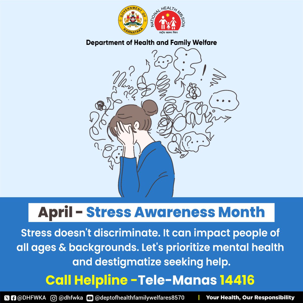 April - #StressAwarenessMonth Stress doesn't discriminate – it affects us all, regardless of age, gender, or background. Let's prioritize mental health, break the stigma, and support each other. Call our helpline, TELE-MANAS 📞at 14416 to seek help! #MentalHealthMatters