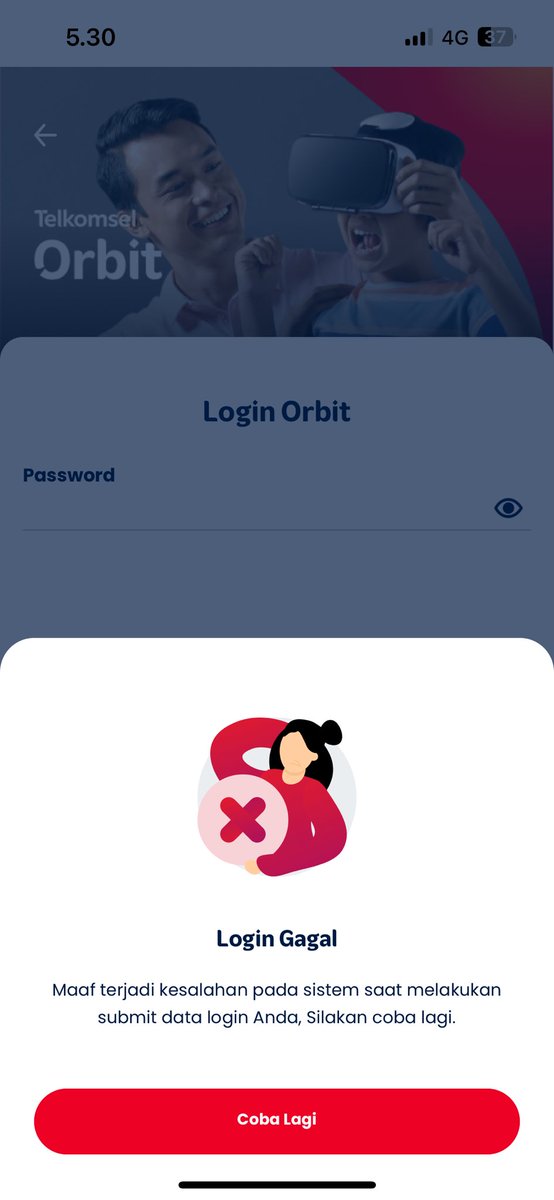 dobbysnot's tweet photo. halo min. tolong dibantu ini app orbit drtd pagi kok gabisa login ya? gagal terus. mau cek data kuota, soalnya gabisa akses internet dari semalem @myorbitid @Telkomsel 

apa orbitnya emg lg trouble? https://t.co/ZadkZPbg4n