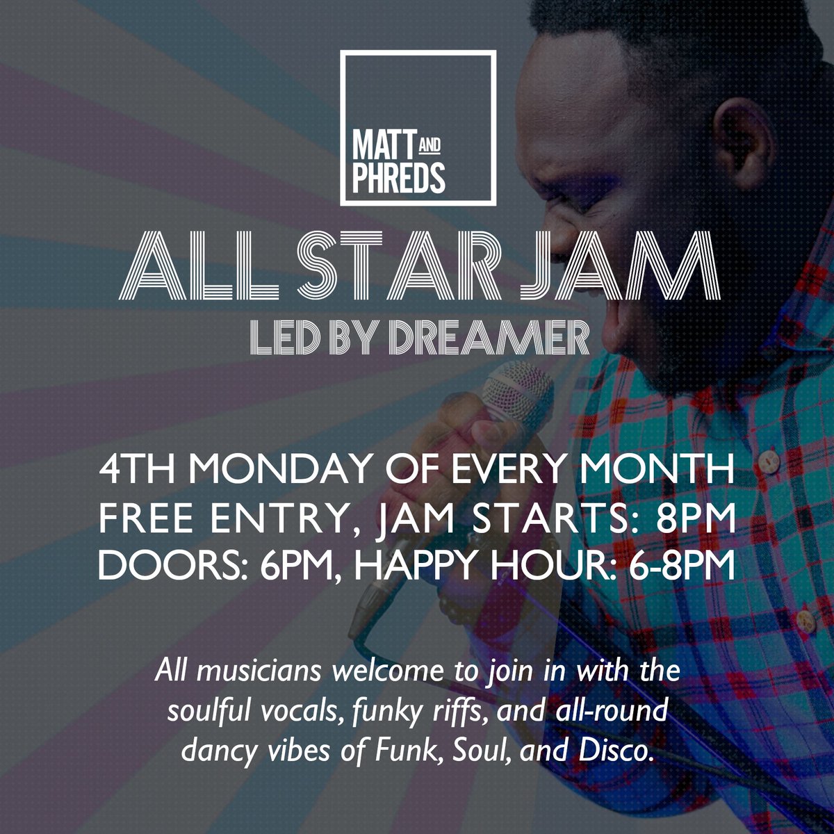 #TONIGHT: ALL STAR JAM, led by Dreamer #Monday 22 April | Doors 6pm | Happy Hour 6-8pm | Jam: 8-11pm | Free Entry All musicians & singers welcome to perform with the house band & other jammers, playing #Soul, #Funk, #Disco & everything in between! #Manchester #LiveMusic