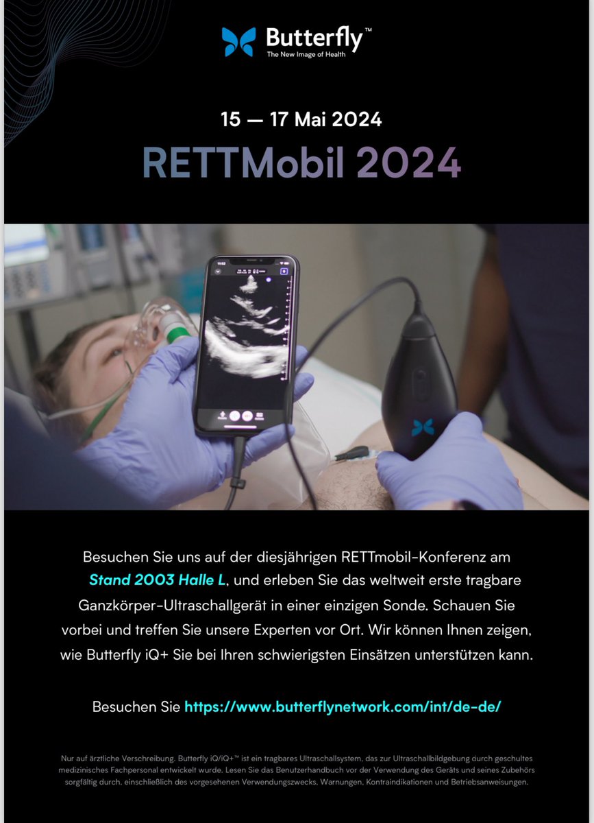 Please join us from May 15-17, 2024 at Messe RETTmobil International GmbH. Meet us at booth 2003 in hall L. #pocus #emed @ButterflyNetInc @RettmobilI