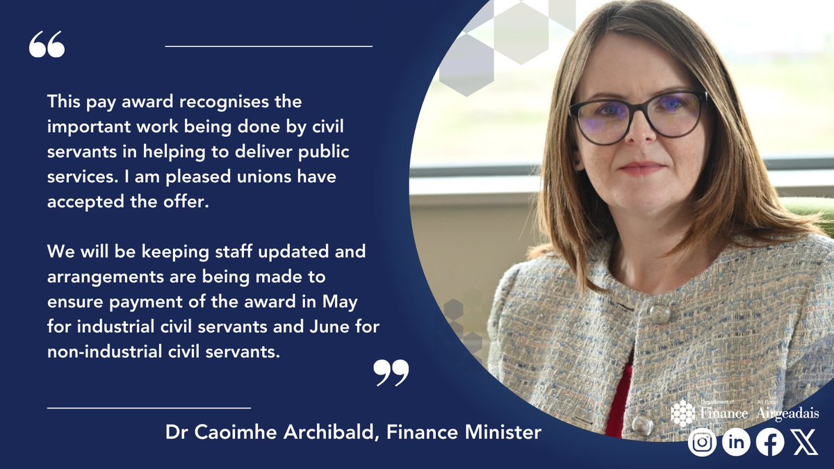 Finance Minister Dr @CArchibald_SF has welcomed the decision by unions to accept the 2023 Civil Service pay offer. ➡️finance-ni.gov.uk/news/archibald…