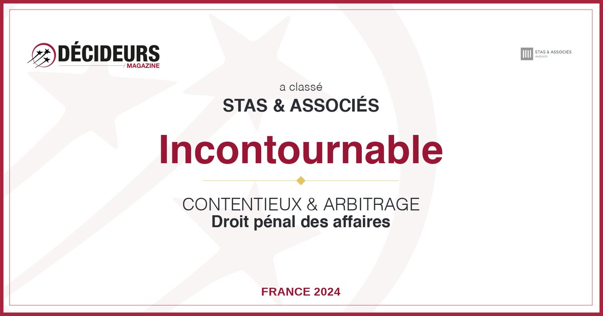 📢 Le cabinet @AssociesStas figure cette année encore dans le classement des meilleurs cabinets d'avocats en « Contentieux et Arbitrage » établi par @MagDecideurs et a été distingué comme 'Incontournable' en droit pénal des affaires pour la 6ème fois🏆 Bravo à toute l'équipe !!