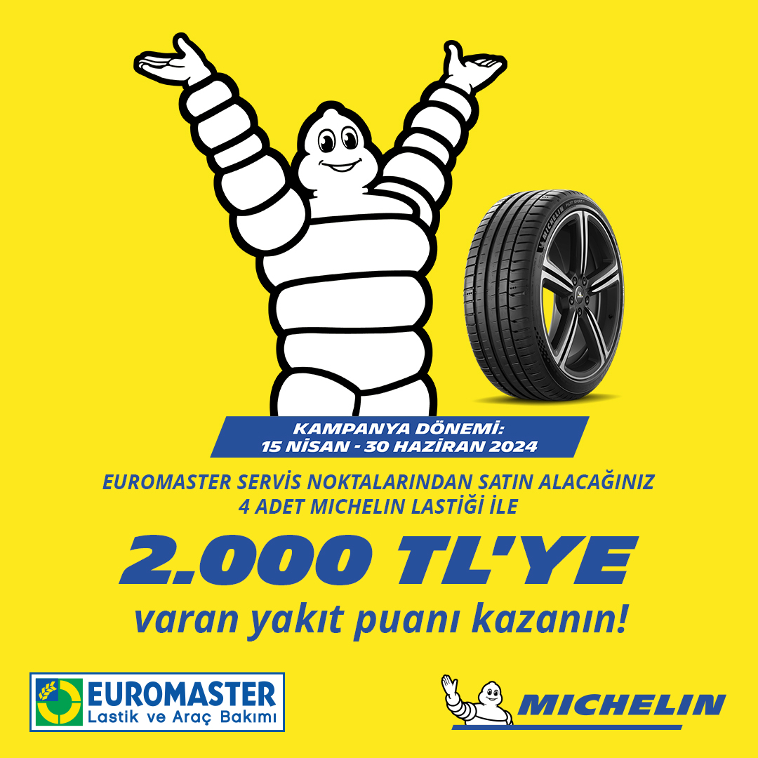 Euromaster servis noktalarından satın alacağınız 4 adet Michelin Lastiği ile 2.000 TL'ye varan yakıt puanı kazanın. Kampanya ile ilgili detaylı bilgi almak için; euromaster.com.tr/kampanyalar/mi…