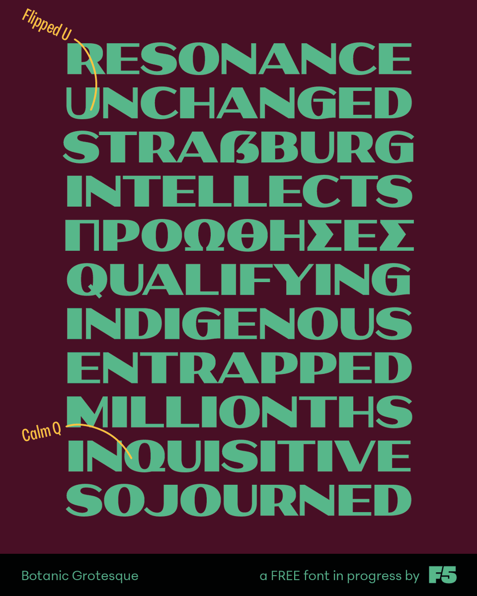 FoundryFive's tweet photo. The first Beta version of Botanic Grotesque comes with Greek and Latin support, localized features, fractions, and small numbers, as well as a variety of alternates. Currently a typographic hypothesis, Botanic Grotesque has the potential to evolve into a comprehensive family. https://t.co/DHs5EiZxMD
