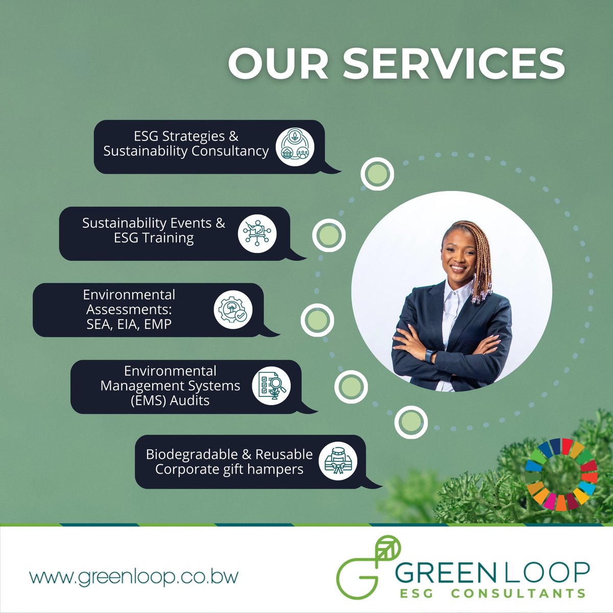 𝐎𝐔𝐑 𝐒𝐄𝐑𝐕𝐈𝐂𝐄𝐒 🍃♻️🇧🇼

Ready to incorporate more sustainable practices into your organisation?

We are here to guide you every step of the way. 🍃

#sustainability #ESG #EMS #EIA #SEA #audit #biodegradable #botswanasustainabilityweek #sustainableevents #greenloopbw