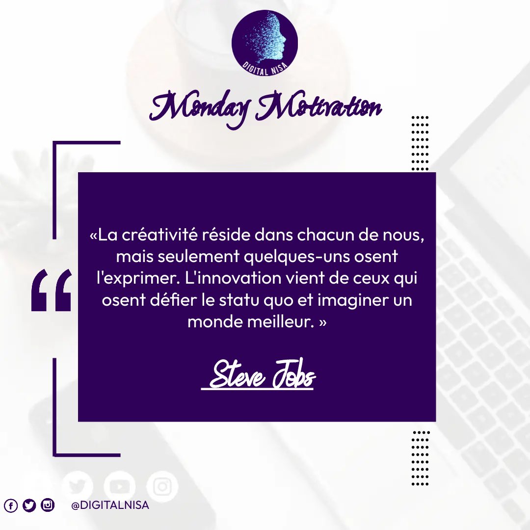 Monday motivation

La créativité réside en chacun de nous, mais seuls quelques-uns osent l’exprimer. L’innovation vient de ceux qui osent défier le statu quo et imaginer un monde meilleur. Osez libérer votre créativité et inspirez le changement! 💡

🌟 #digitalnisa #unenisa