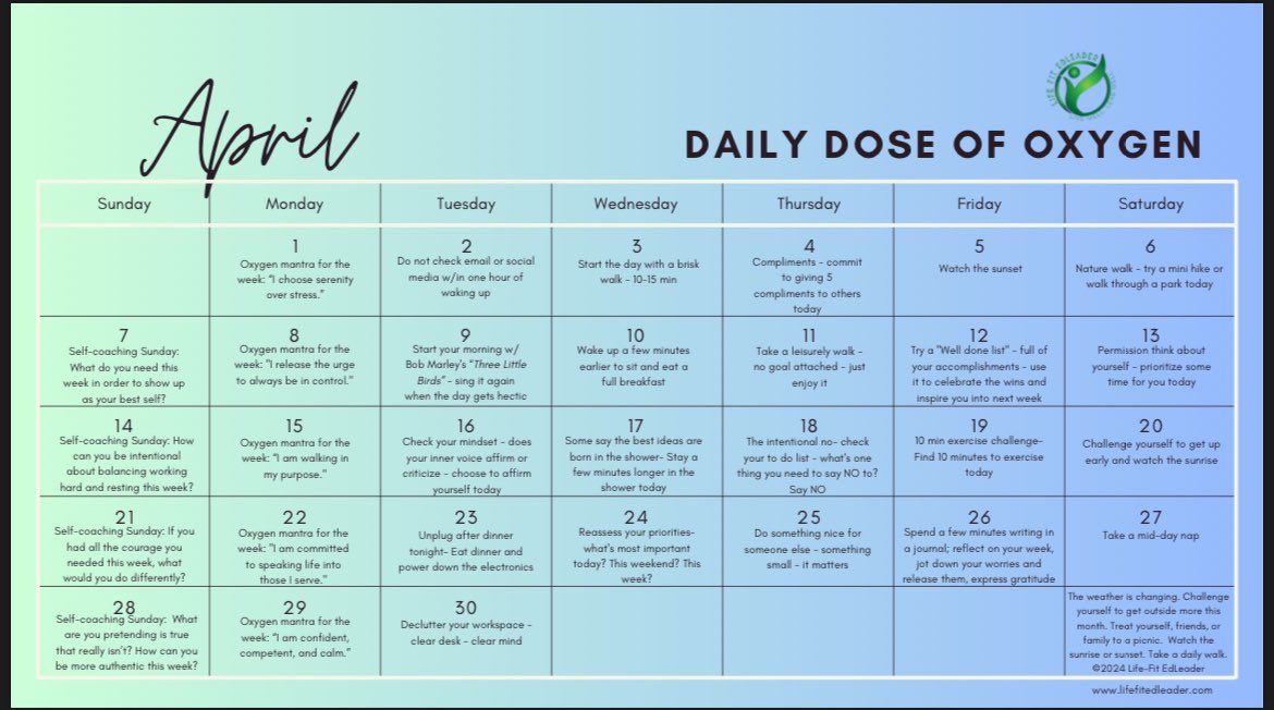 Step into this week with a level of focus and persistence that fosters excellence in your professional and personal life- Repeat, “I am focused and persistent.”- your wellness needs focus and persistence too! #DailyDoseOfOxygen #LiveWellLeadWell - Make it a great week