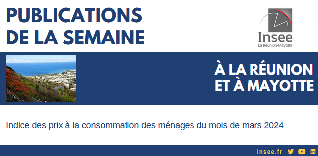#Agenda   
➡️Ne manquez pas les publications de la semaine de @InseeOI à #LaRéunion et à #Mayotte   
🗓️ Le mardi 23 avril 2024   
📖 Indice des #prix à la consommation des ménages de mars 2024