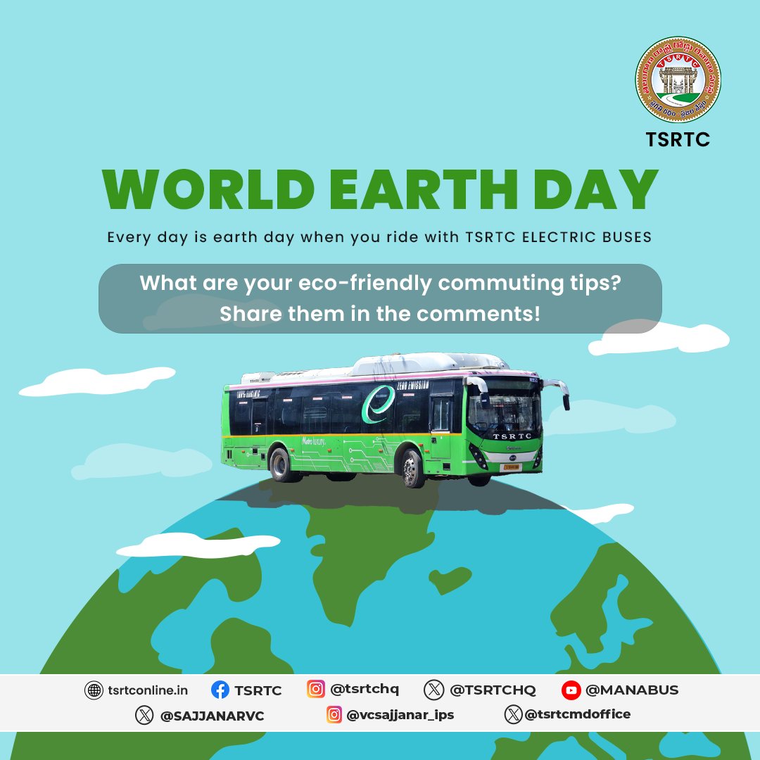 This World Earth Day, make a conscious choice. Ride TSRTC and help us create a greener Hyderabad!
.
.
#tsrtc #tsrtcbuses #publictransport #acbuses #rajadani #metrobuses #pushpak #lahari
#publictransportation #transportation #transport #tsrtcapp #DownloadNow #downloadtheapp