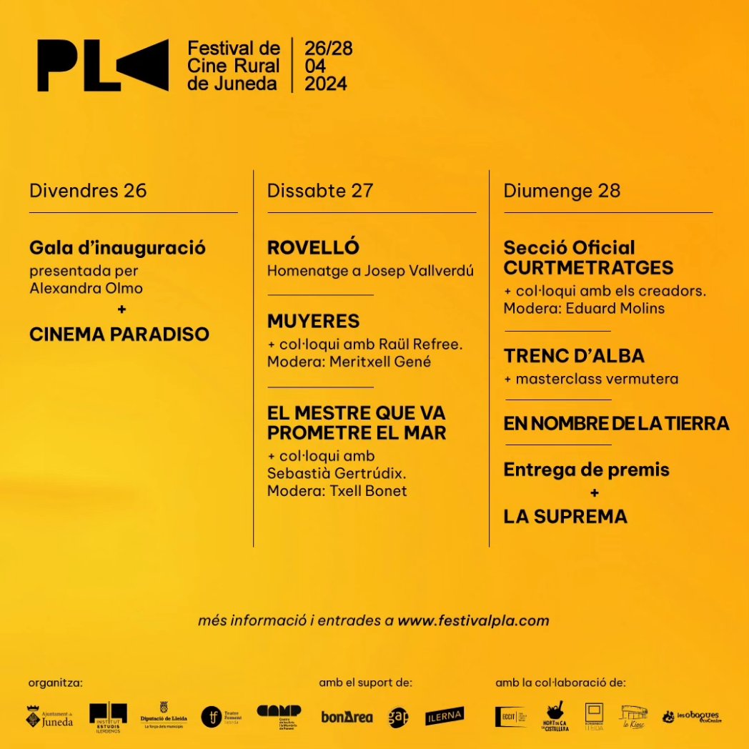Neix un nou festival a Juneda. 
El PLA - Festival de Cine Rural de Juneda. 
Un espai de reivindicació, divulgació i celebració d'aquell cinema que està en diàleg amb l'entorn rural. 

Entreu a la pàgina web del festival per trobar-hi tota la informació festivalpla.com