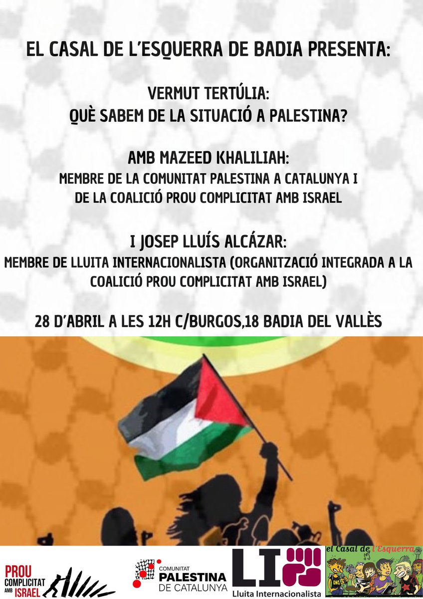 El proper diumenge 28 d'abril a les 12H tindrem l'ocasió de saber-ne més sobre la situació a #Palestina de la mà de Mazeed Khaliah i Josep Lluís Alcazar. @proucomplicitat @Palestina_cat @luchainternacio #Badia #BadiadelValles