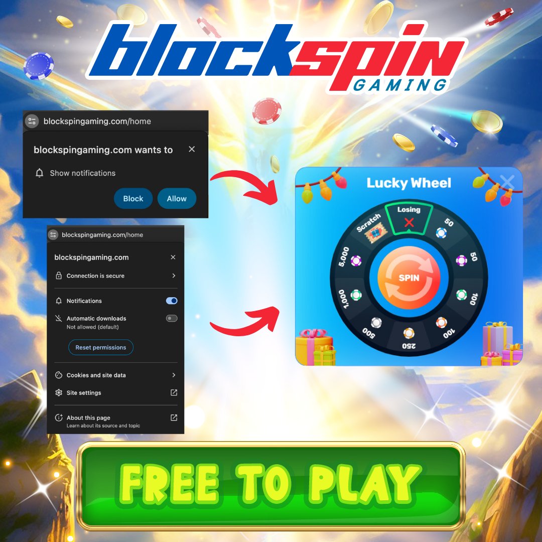 💡@BLOCKSPINGAMING TIP💡 📌Don't forget to 'Allow' the notifications to play the Hourly Lucky Wheel! You can win chips and scratch cards by spinning the wheel. 🔥 Note: Claim your rewards in the notification #free2play #freeslots #freenft