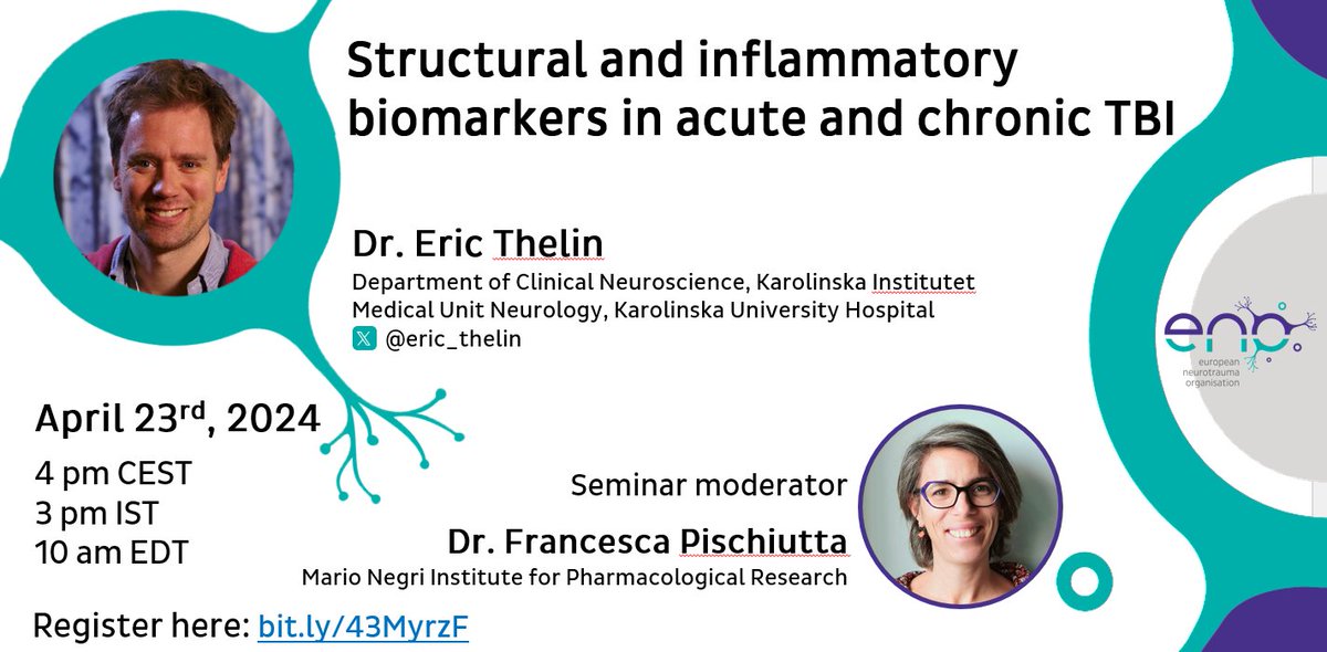European Neurotrauma Organisation (ENO) (@enoneurotrauma) on Twitter photo Register now for our webinar with <a href="/eric_thelin/">Eric Thelin</a> and don't miss his talk on 'Structural & inflammatory biomarkers in acute and chronic #TBI' 🧠
🗓️Tomorrow April 23rd at 4pm CEST/3pm IST!
bit.ly/43MyrzF Register now for our webinar with <a href="/eric_thelin/">Eric Thelin</a> and don't miss his talk on 'Structural & inflammatory biomarkers in acute and chronic #TBI' 🧠
🗓️Tomorrow April 23rd at 4pm CEST/3pm IST!
bit.ly/43MyrzF