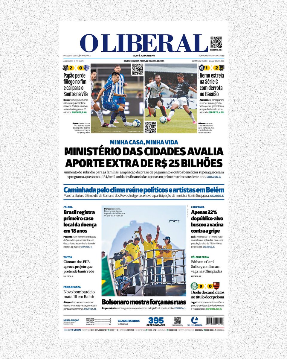 oliberal's tweet photo. 🗞️ Olá, seguidor! Esta é a capa do Jornal O Liberal desta segunda (22).
Acesse em https://t.co/DT9Gj38UoH
#oliberal #grupoliberal https://t.co/15h2v9Accy