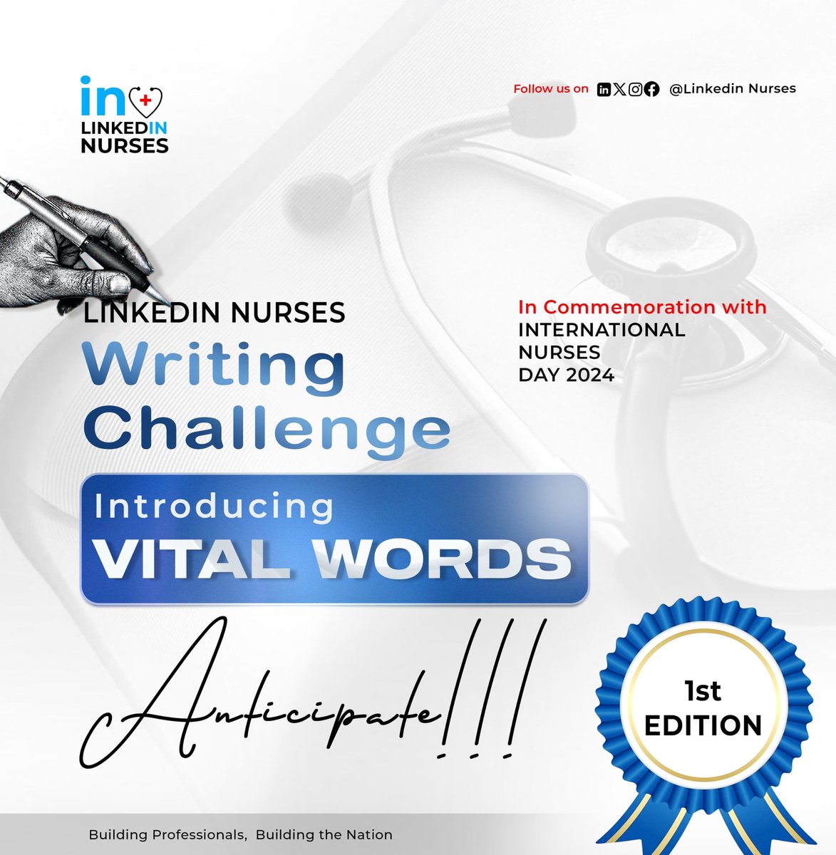 LinkedInNurses's tweet photo. Introducing the 1st Edition of the LinkedIn Nurses Writing Challenge! 🤩 

Join us as we celebrate International Nurses Week (May 6th - 12th, 2024) with 'Vital Words,' a writing challenge dedicated to honoring the incredible contributions of nurses worldwide. https://t.co/J2vvhk5OeA
