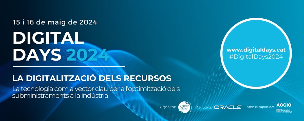 💡💧En els #DigitalDays2024 reflexionarem sobre la digitalització dels recursos i sobre la teconologia com a vector clau per a l'optimització dels subministraments a la indústria. @Oracle @CatalanWaterP @clusterEE + info i inscripcions 👉🔗digitaldays.cat