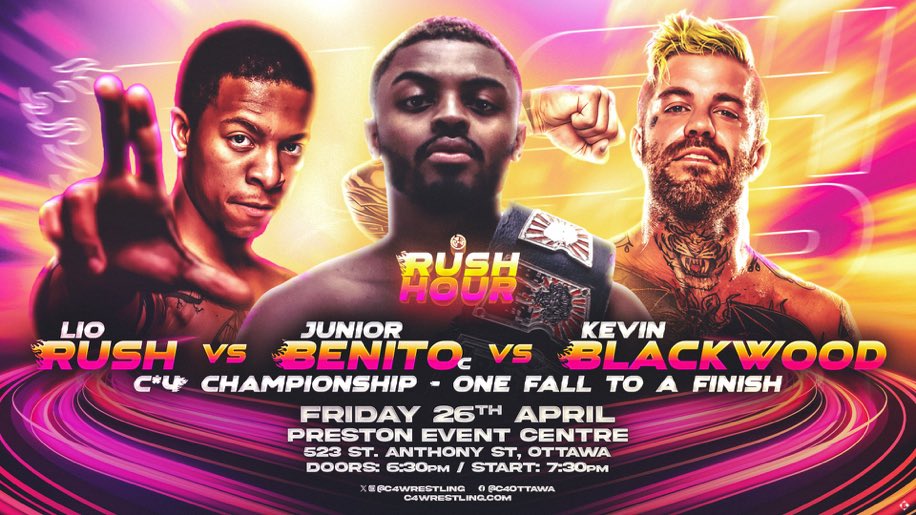 Friday Night @C4Wrestling Main Event! Rush Hour Championship match. @JuniorBenit0 faces a major challenge when he defends his title against @IamLioRush and @blkwdxvx. Preston Event Centre Ottawa. Bell 7:30.